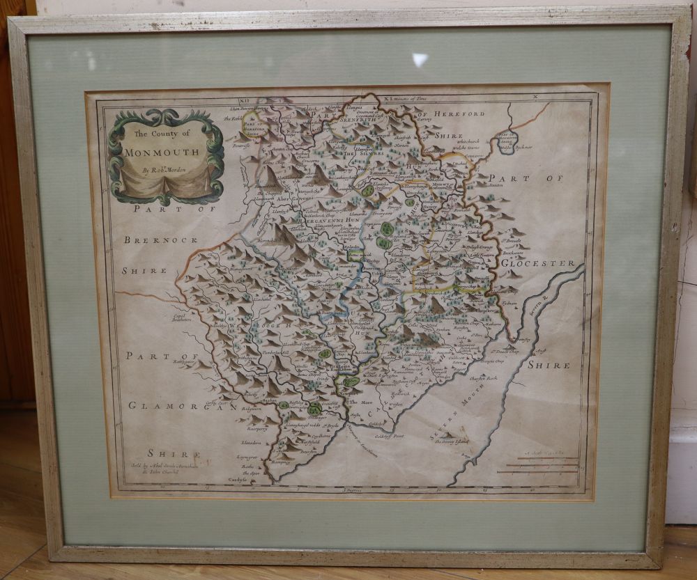 Robert Morden, coloured engraving, Map of the County of Monmouth, 36 x 42.5cm